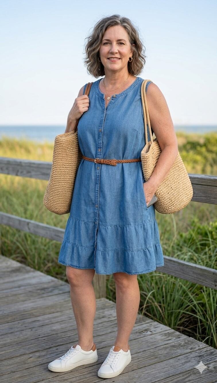 LOFT Lyocell Linen Chambray Tiered Button Front Dress Coastal Grandmother XXL